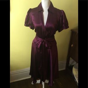 INC Plum Silk Faux Wrap SS Dress Tie Waist Size 12